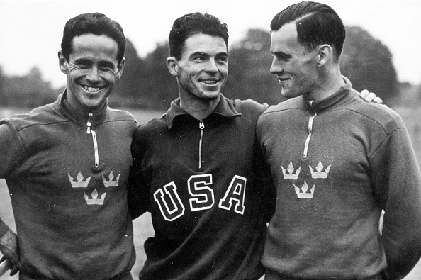 Medal winners in the pentathlon at the 1948 London Olympics, including Biss Moore in the middle