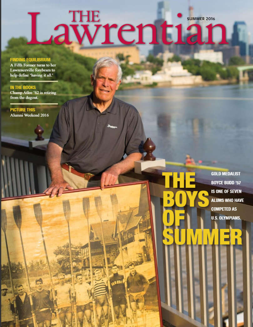 Boyce Budd '57 on the cover of the summer 2016 Lawrentian, pictured at Boathouse Row on the Schuylkill River in Philadelphia