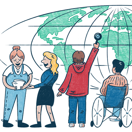 A conceptual color illustration of diverse students discussing world events while pointing to spots on a map of the earth.