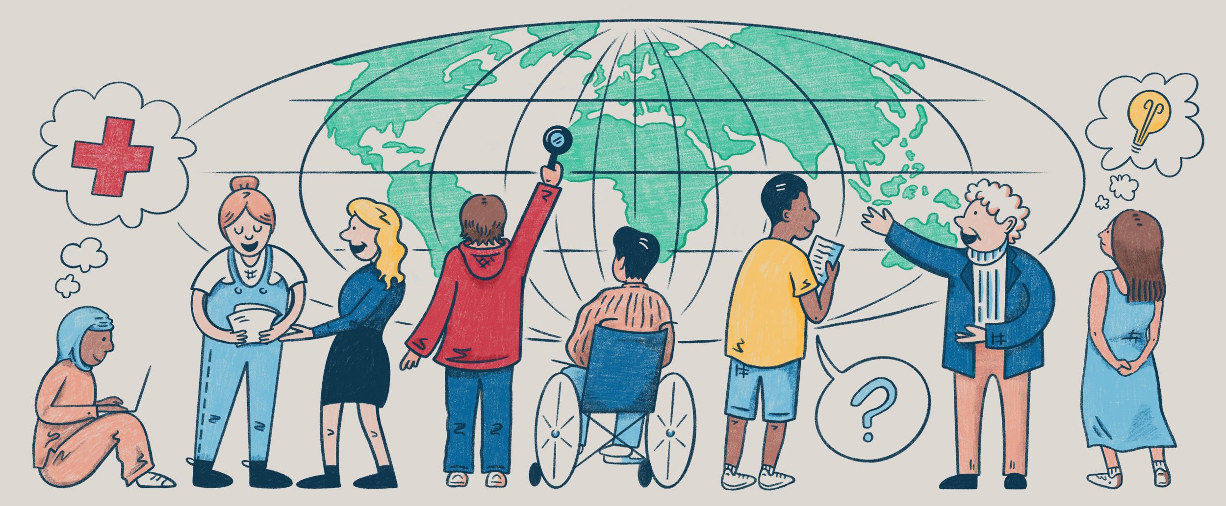 A conceptual color illustration of diverse students discussing world events while pointing to spots on a map of the earth.