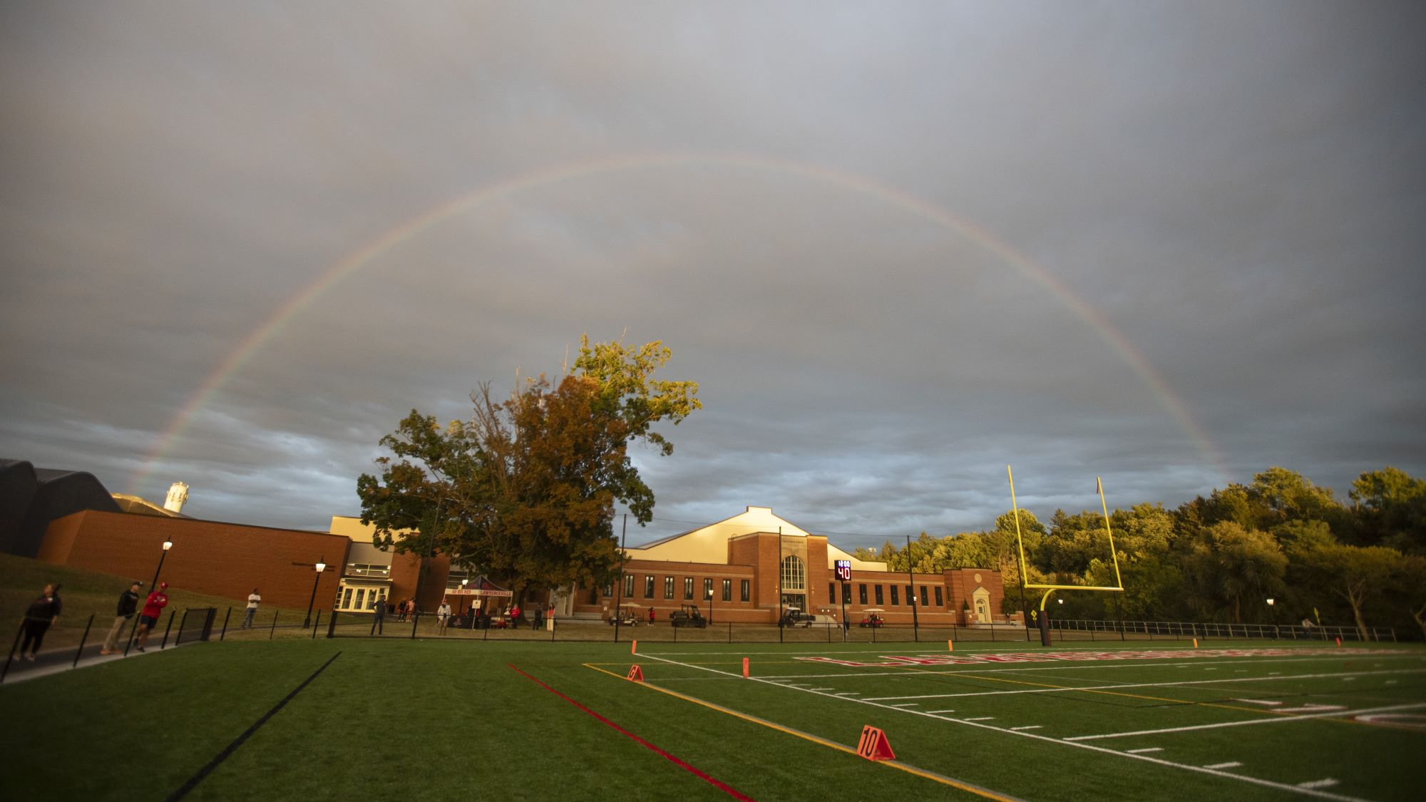 A Rainbow aches over Tsai Field House and the renovated football field.