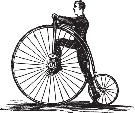 A black and white stock illustration of a late 19th-century man riding a penny farthing bicycle.