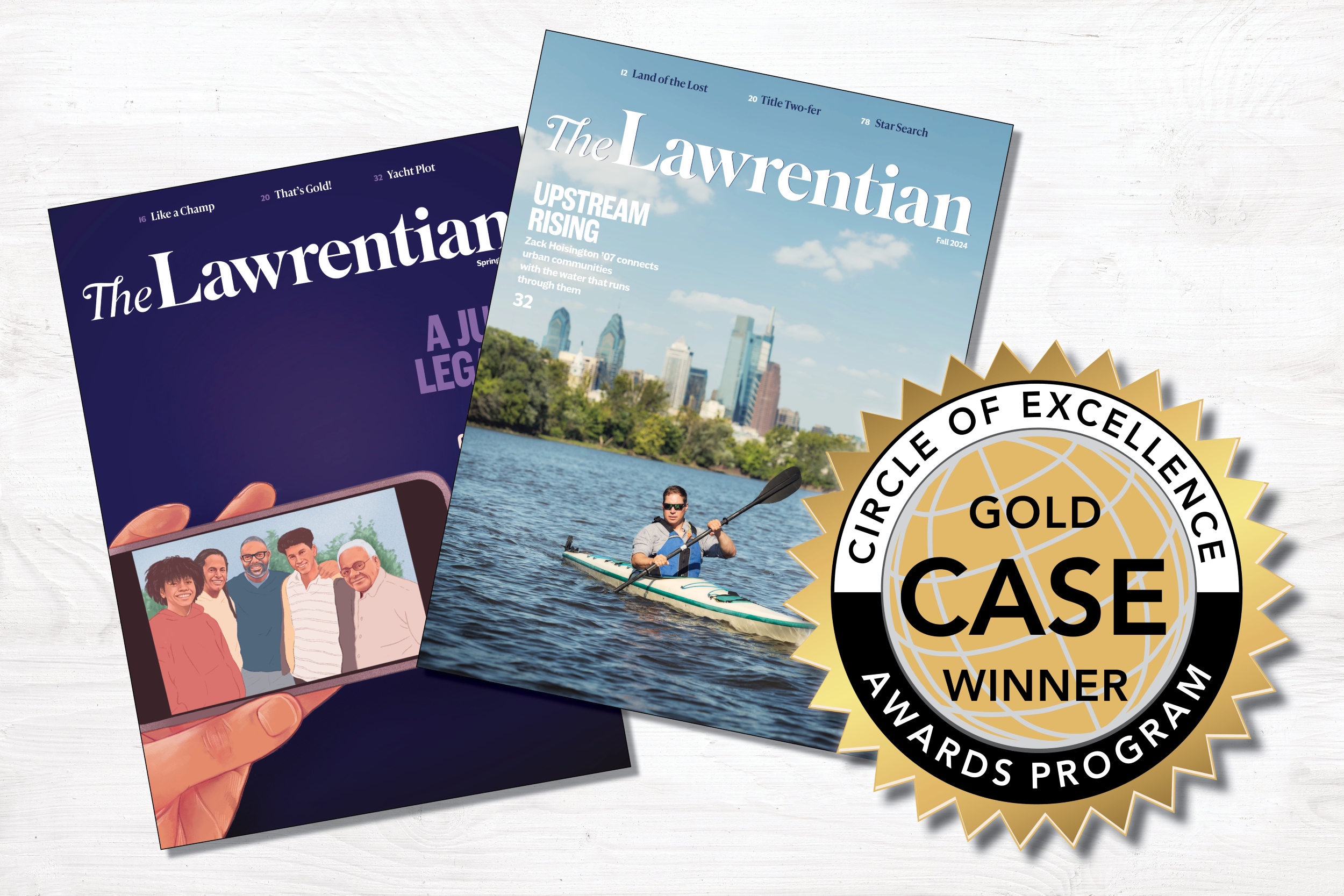 Two recent issues are arrayed alongside a CASE Circle of Excellence gold medallion