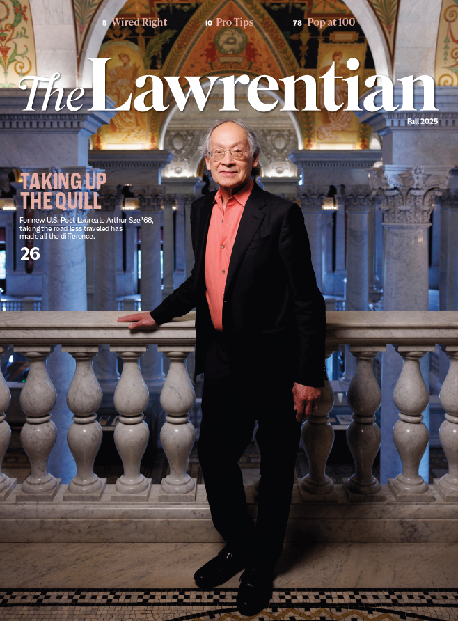 The cover of the fall 2025 Lawrentian featuring U.S. poet laureate Arthur Sze standing with his hand on a marble railing.