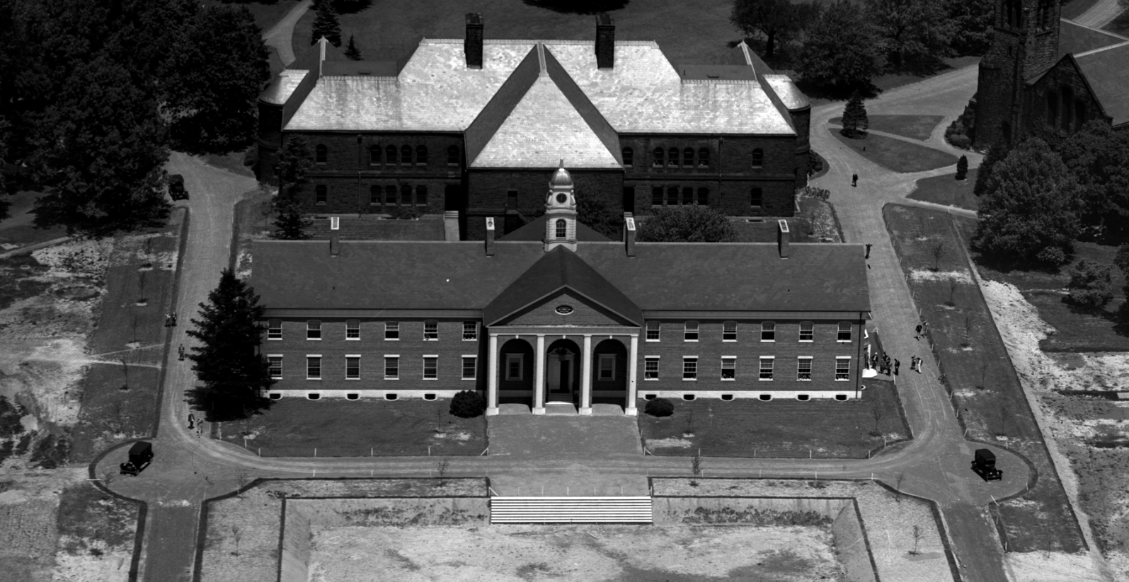 a black-and-white aerial photo of the Fathers Building, shot in 1926.