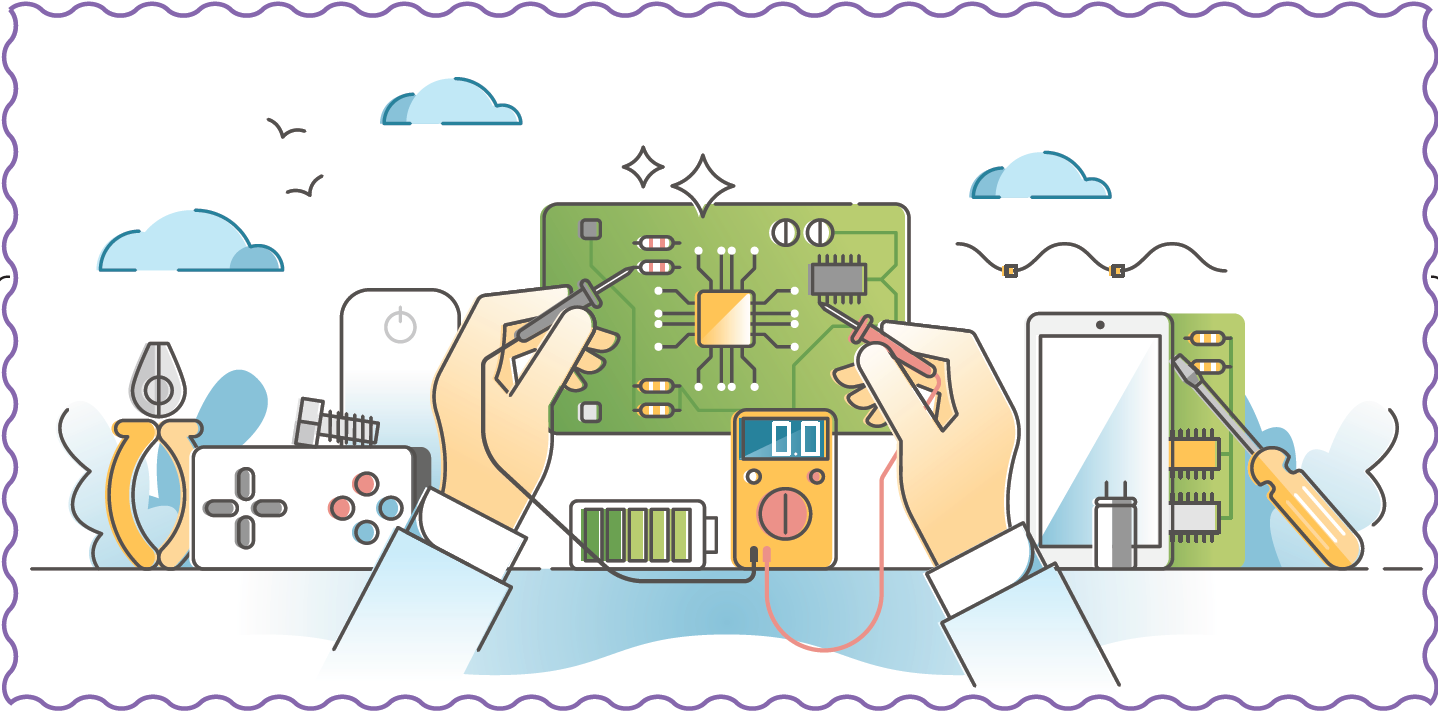 A pastel-colored illustration of an electrician's hands working at a circuit board.