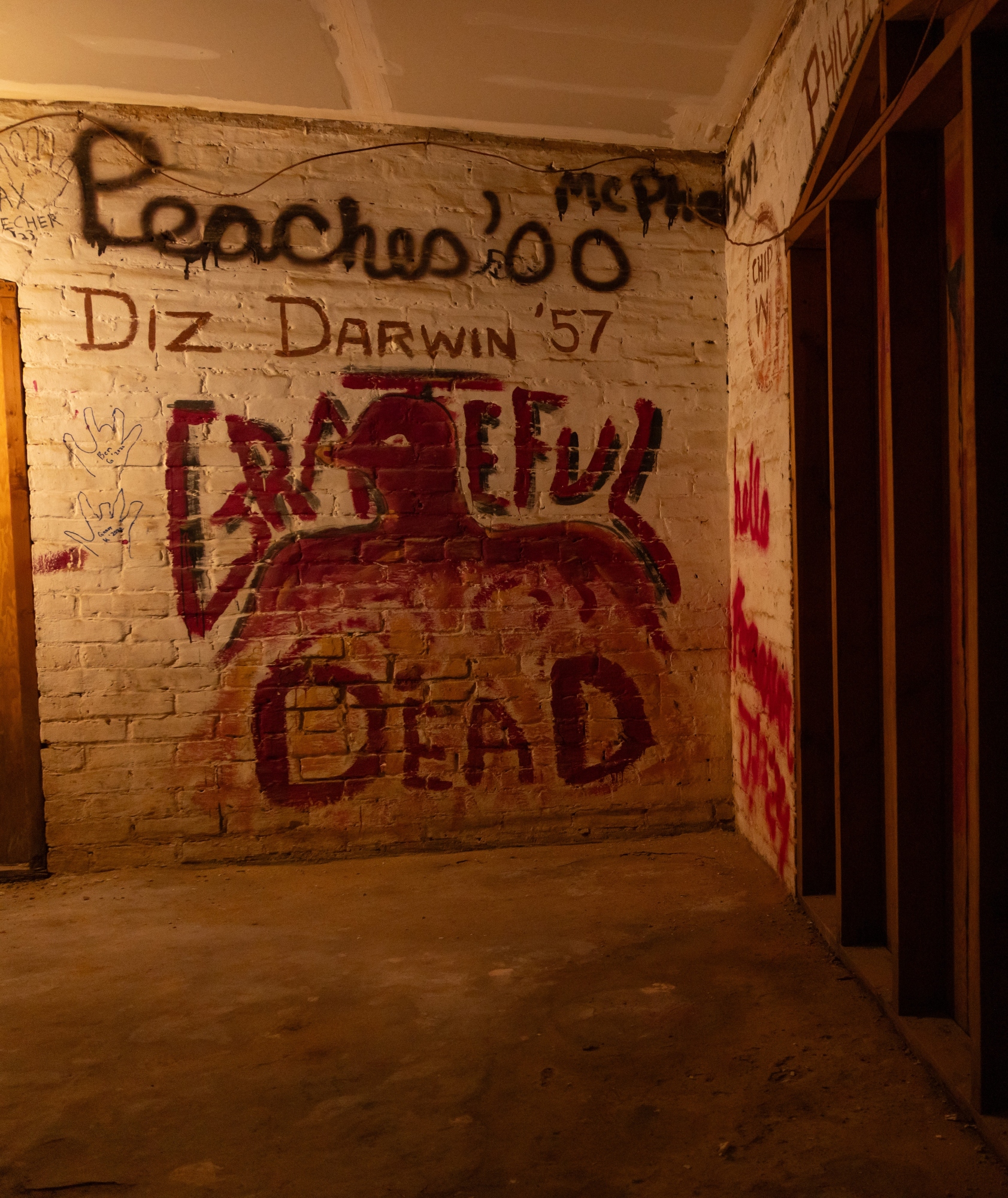 In a corner, painted on a white brick wall, is a crudely designed Grateful Dead logo. Above that is a scrawled name of Diz Darwin '57, and above that, Peaches '00.