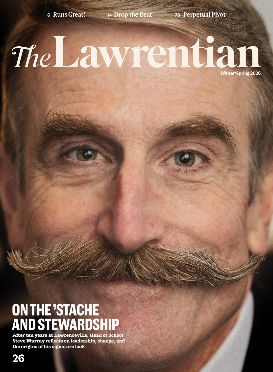 Extreme color closeup of Steve Murray on the cover of the print magazine, with is distinctive English mustache extending from one side of the cover to the other. He is smiling faintly.