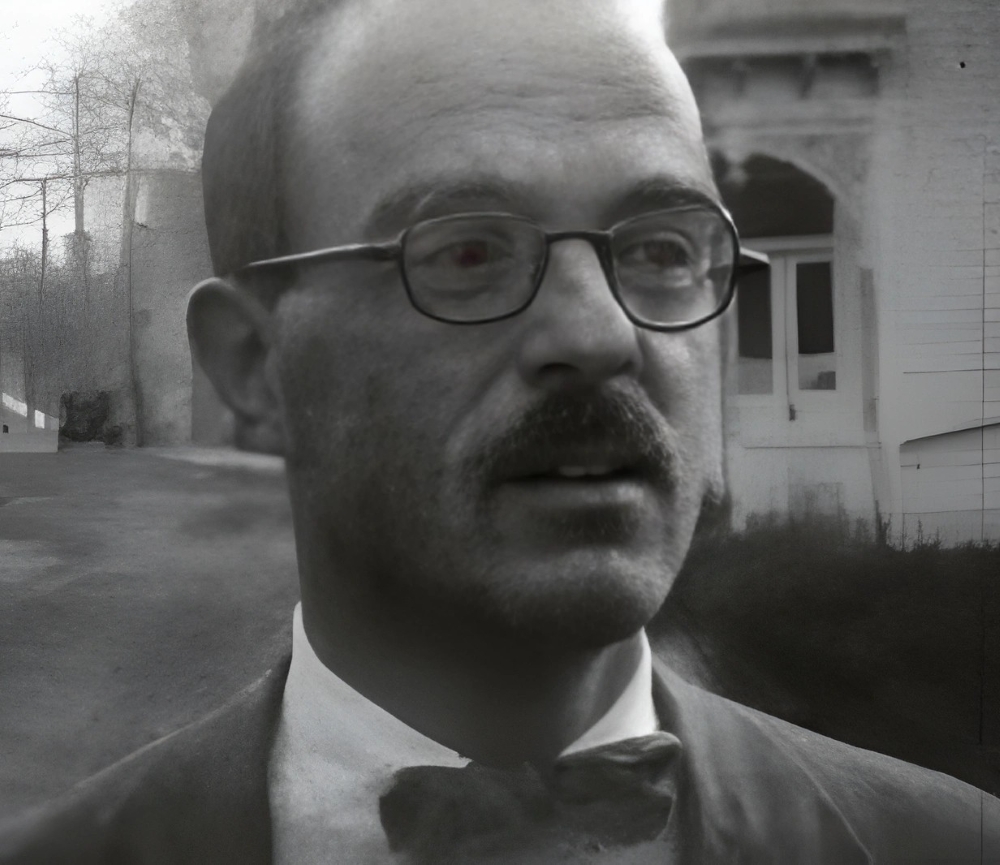 A black and white screen capture of Thornton Wilder from a 1928 film, enhanced by Piscart AI.