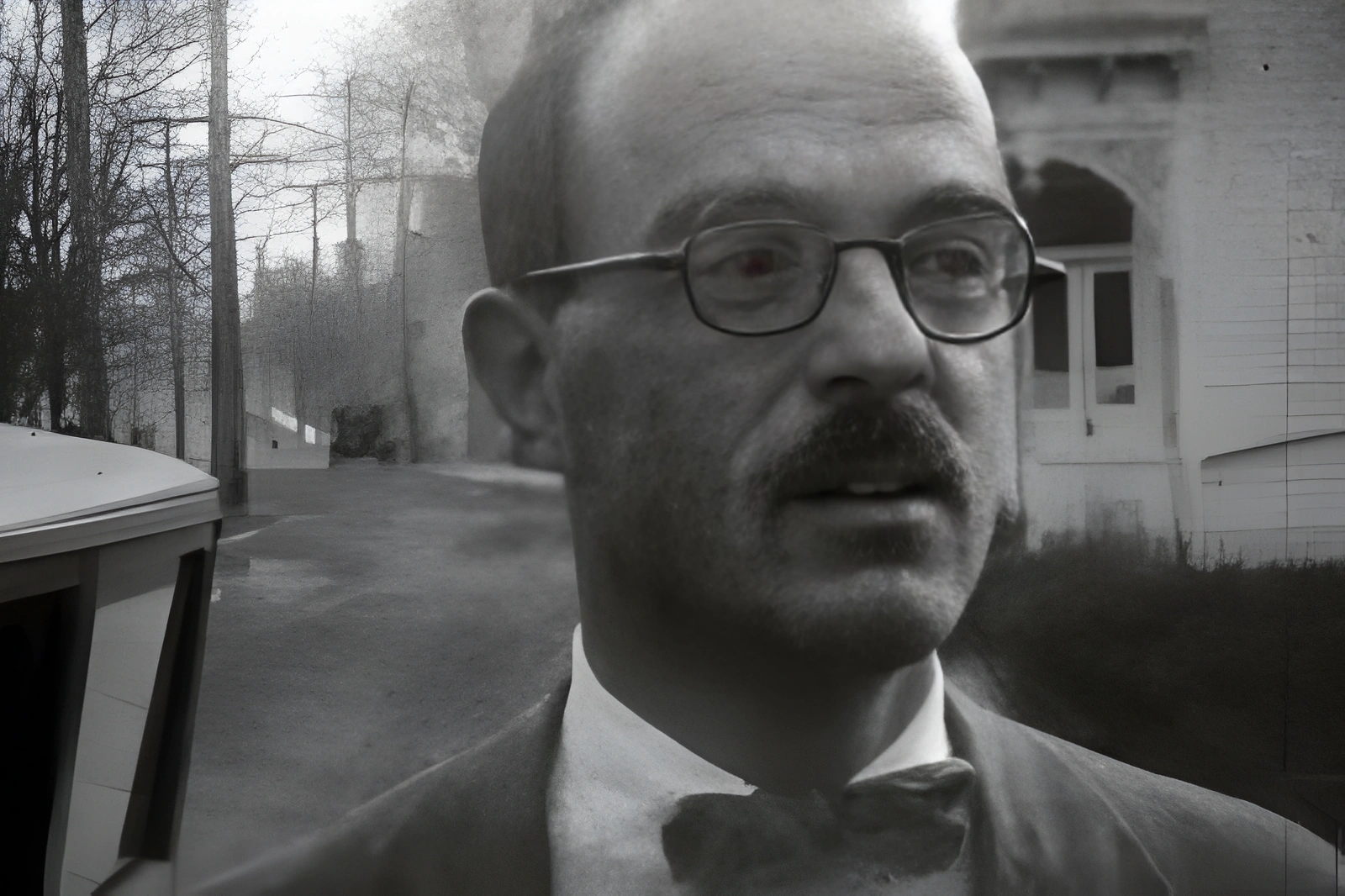 A black and white screen capture of Thornton Wilder from a 1928 film, enhanced by Piscart AI.